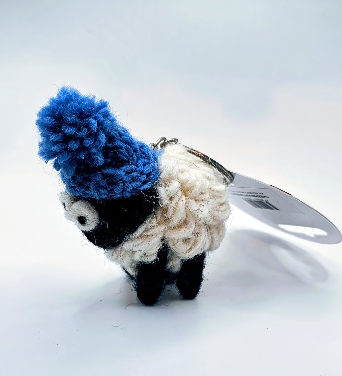 Knitted Sheep Keyring Mountain Blackface with Denim Bobble Hat