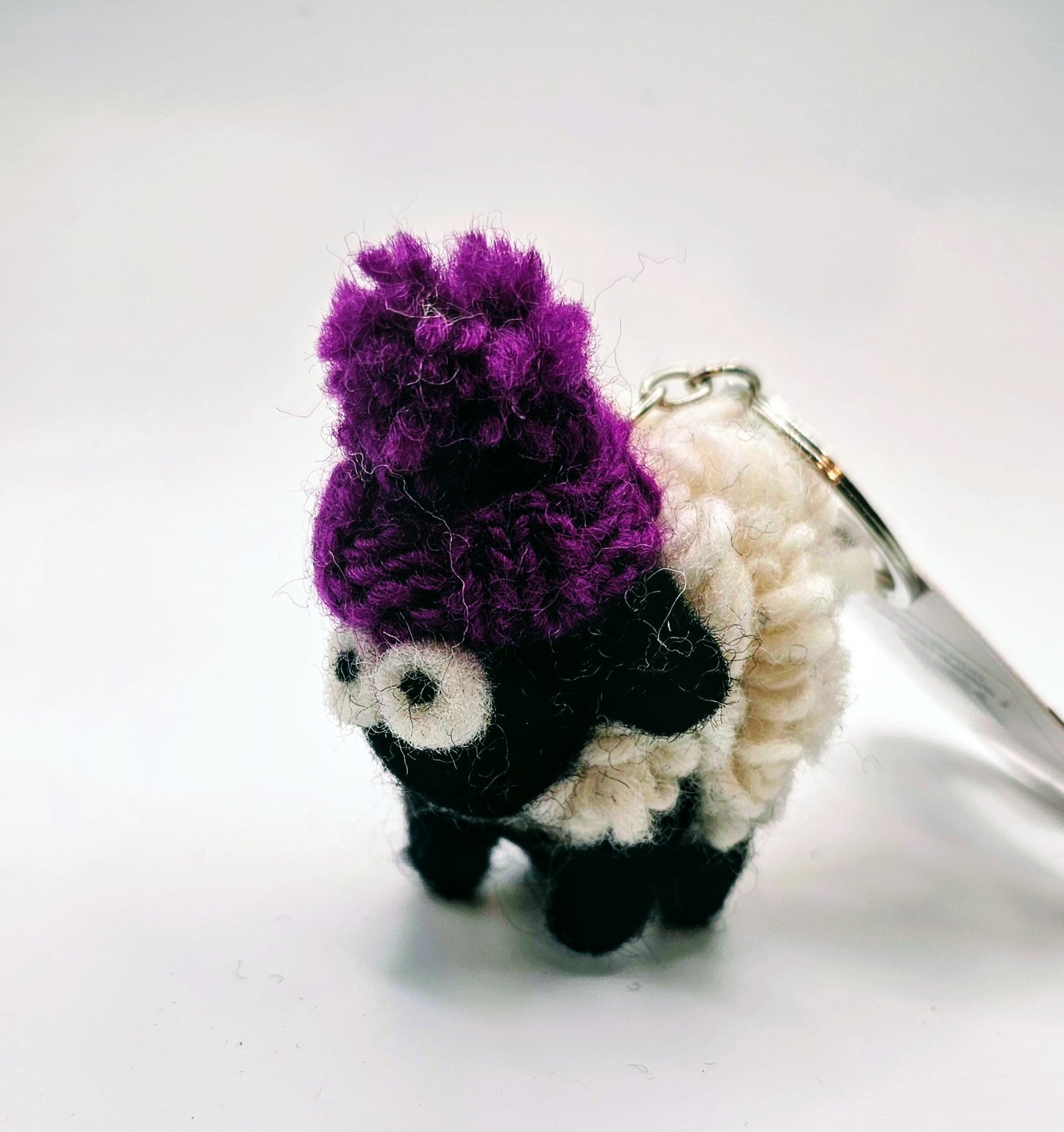 Knitted Sheep Keyring Mountain Blackface with Purple Bobble Hat