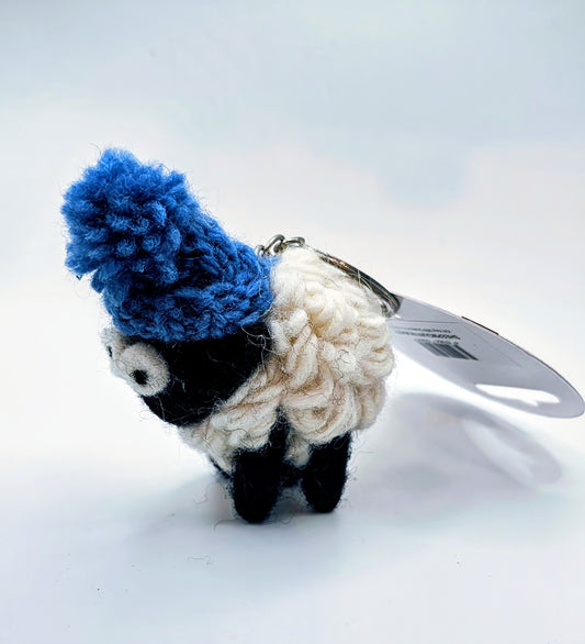 Knitted Sheep Keyring Mountain Blackface with Denim Bobble Hat