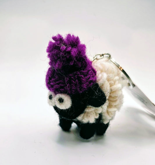 Knitted Sheep Keyring Mountain Blackface with  Purple Bobble Hat