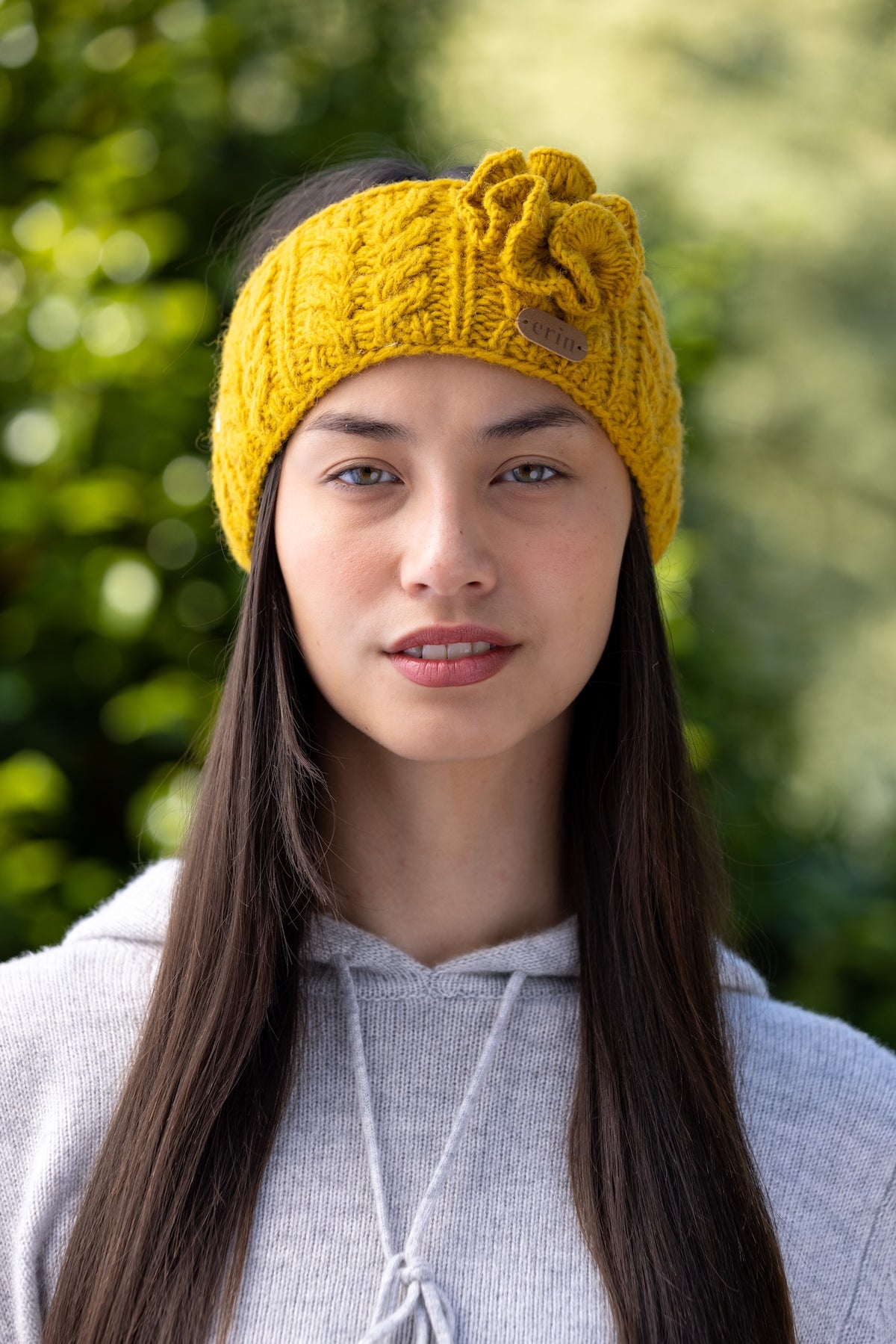 Aran Cable Knitted Wool Headband with Flower Mustard
