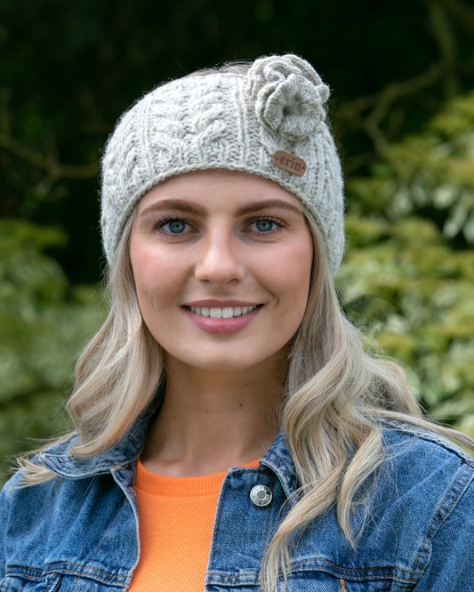 Aran Cable Knitted Wool Headband with Flower Oatmeal