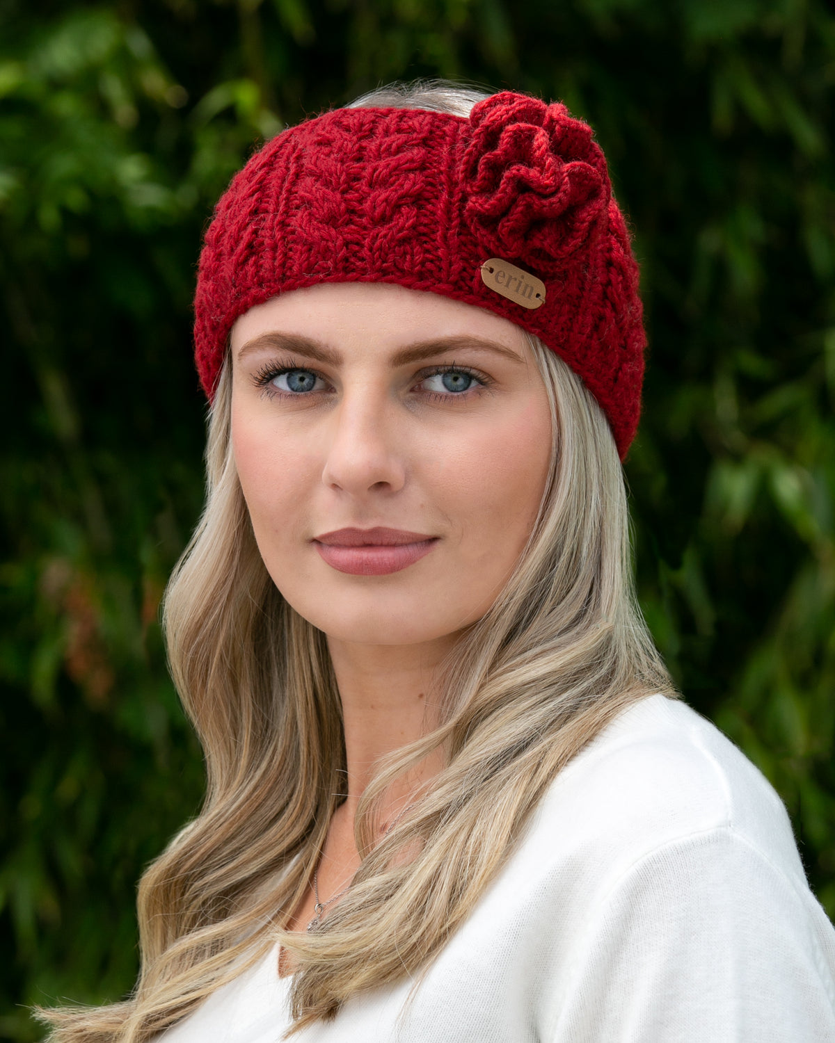 Aran Cable Knitted Wool Headband with Flower Red