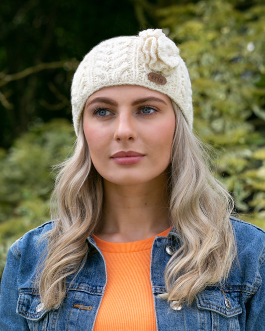 Aran Cable Knitted Wool Headband with Flower White