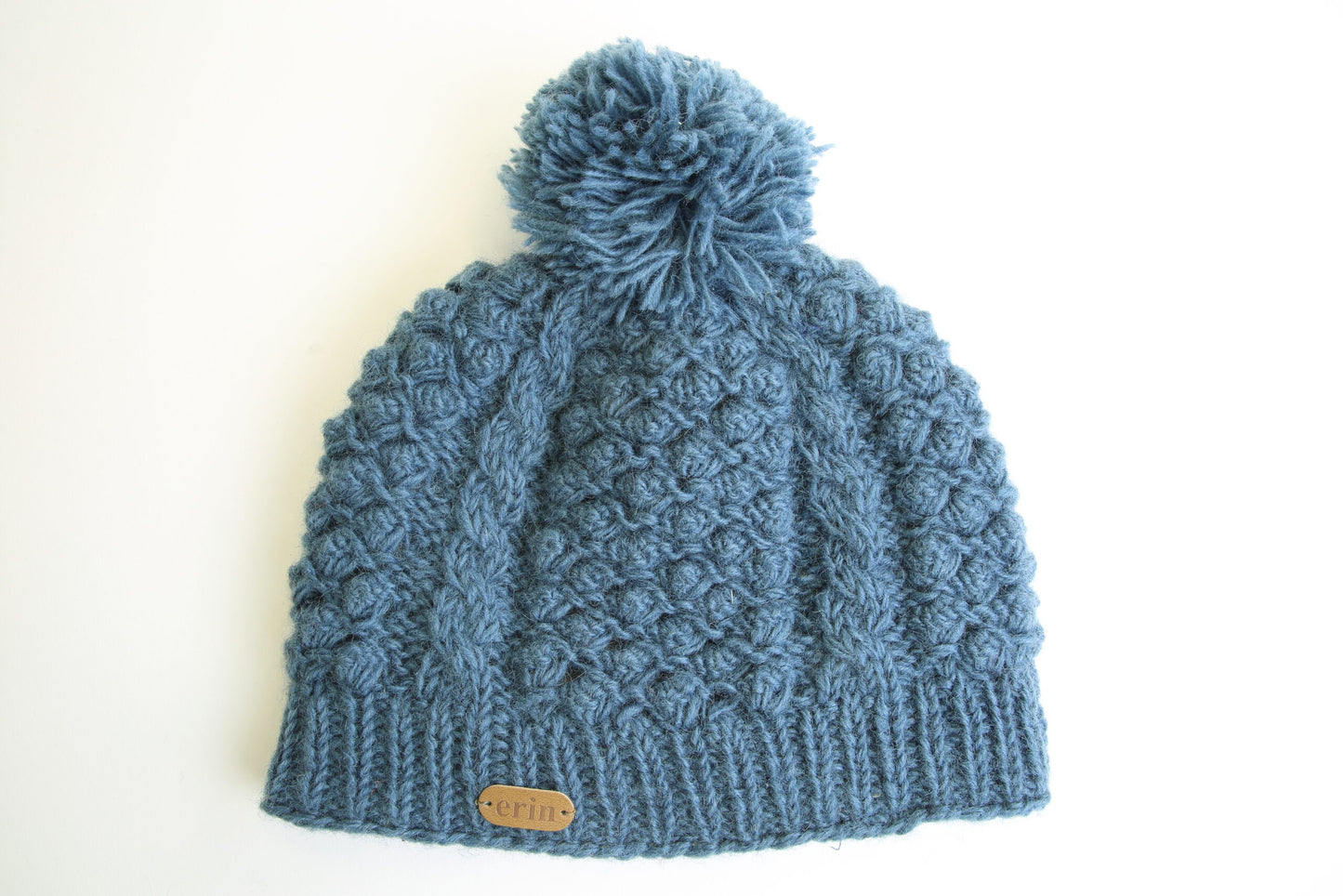 Aran Cable Blackberry Bobble Hat Denim Blue