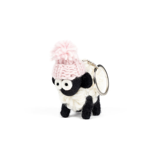 Knitted Sheep Keyring Mountain Blackface with Pink Bobble Hat