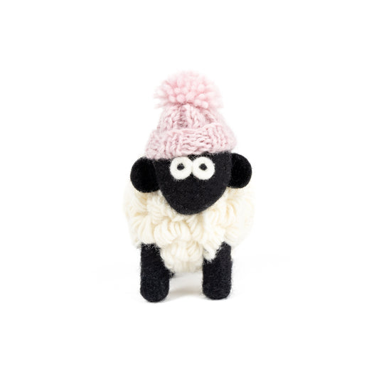 Knitted Sheep Collectible Mountain w/ Pink Bobble Hat