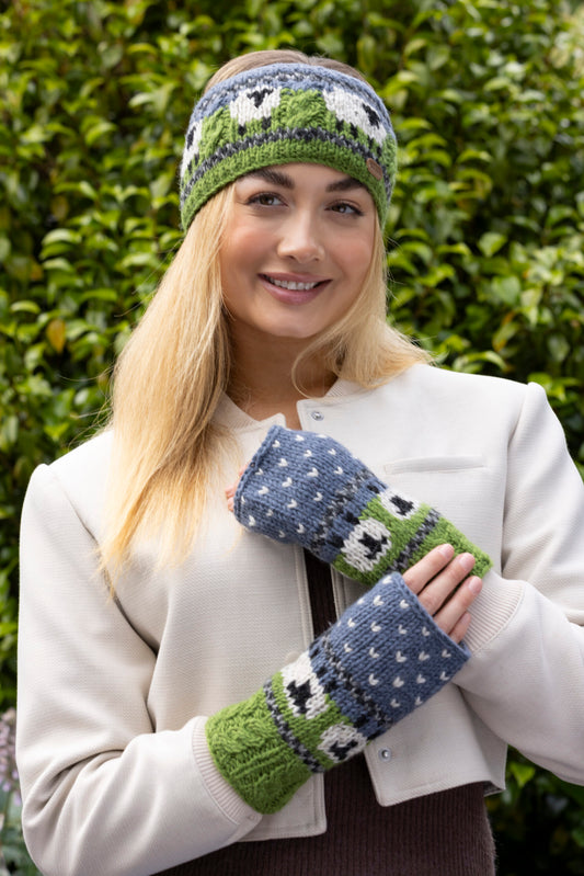 Knitted Sheep Handwarmers with Aran Cable in Blue and Green