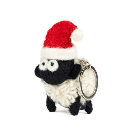 100% knitted wool standing Mountain Blackface sheep Keyring with a Santa Hat