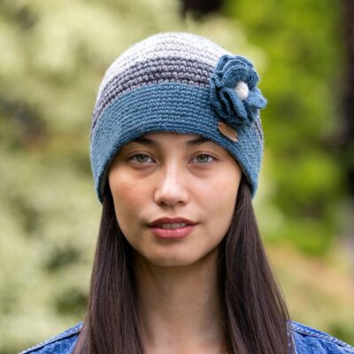 Crochet Cap with Flower Corsage in Denim and Grey