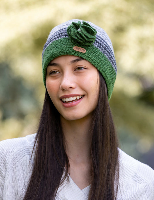Crochet Cap with Flower Corsage in Green and Grey