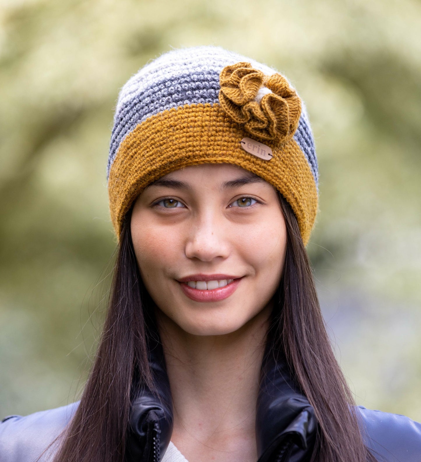 Crochet Cap with Flower Corsage in Yellow and Grey