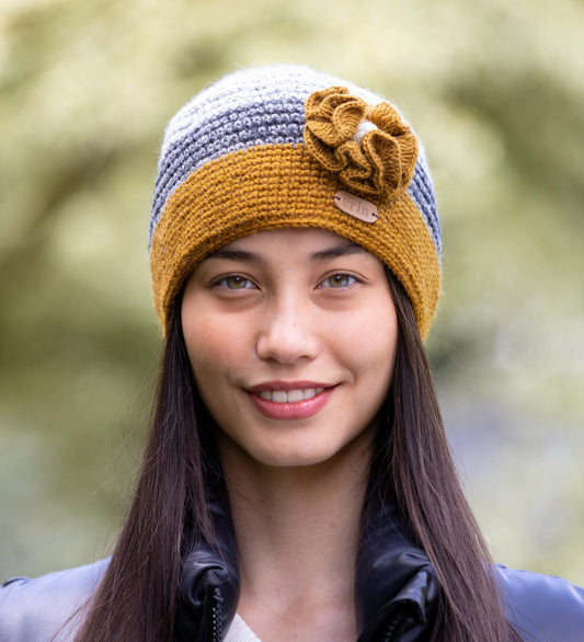 Crochet Cap with Flower Corsage in Yellow and Grey