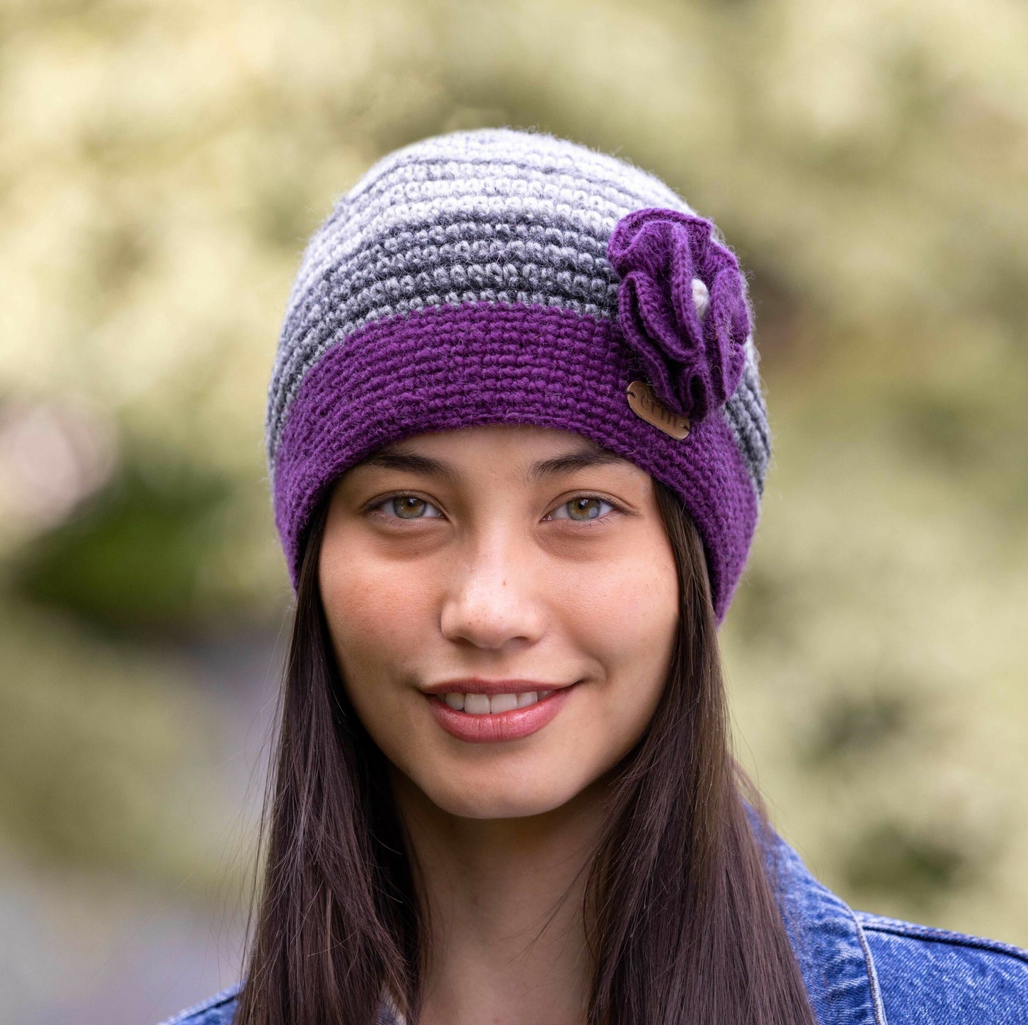Crochet Cap with Flower Corsage in Purple and Grey