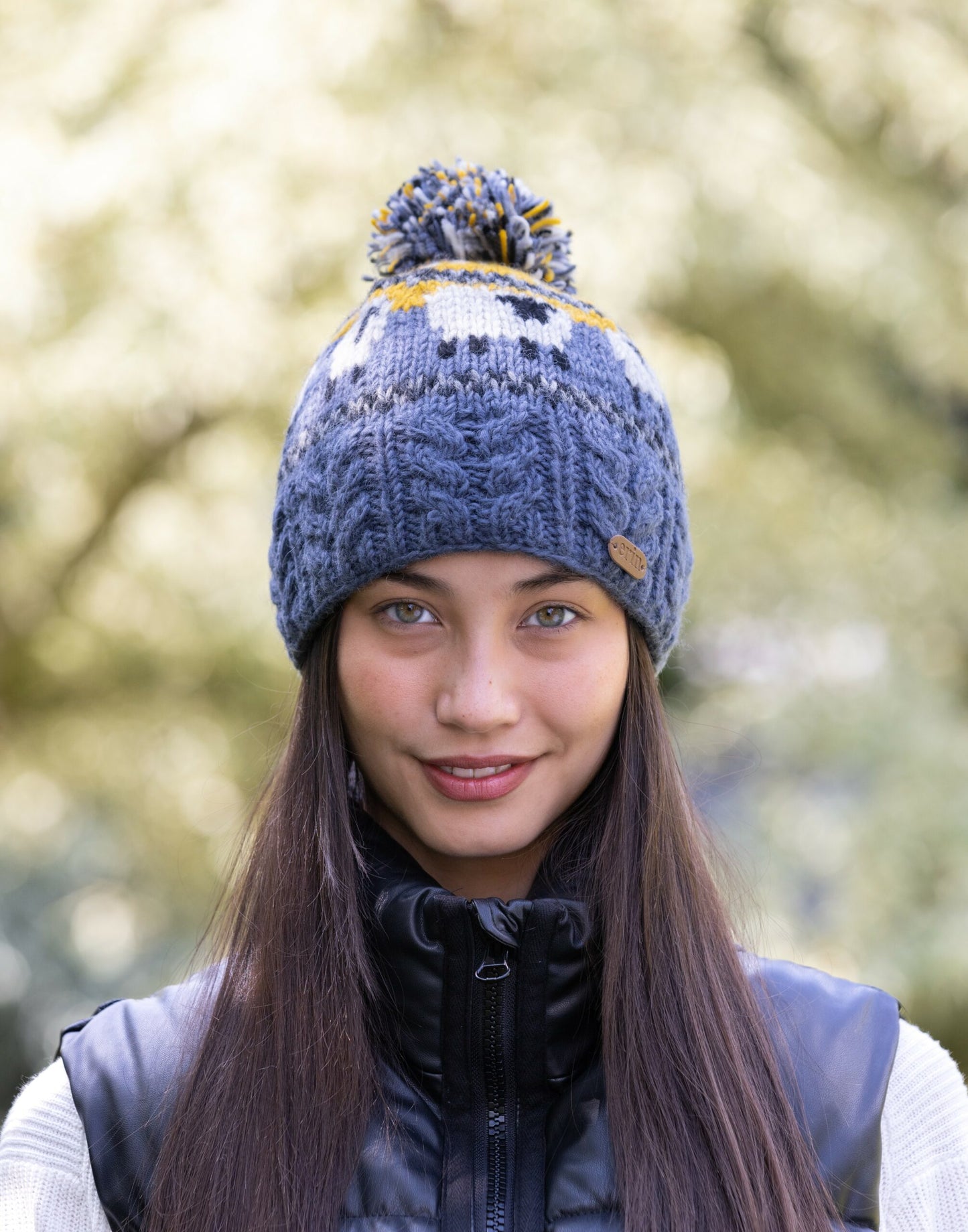 Sheep Bobble Hat with Aran Cable Band in Yellow and Blue