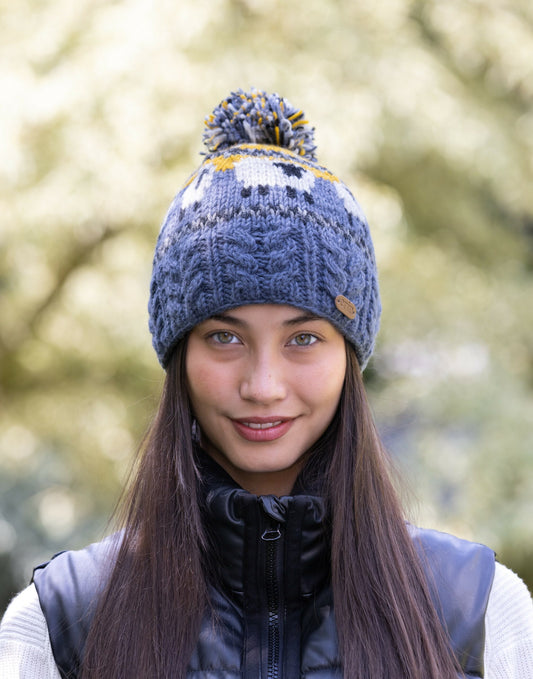 Sheep Bobble Hat with Aran Cable Band in Yellow and Blue