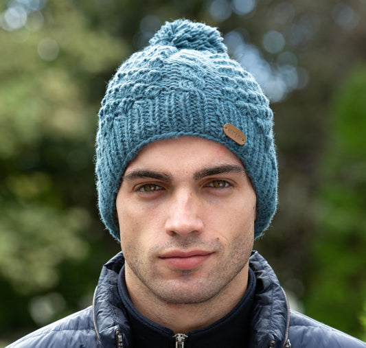 Aran Cable Blackberry Bobble Hat Denim Blue