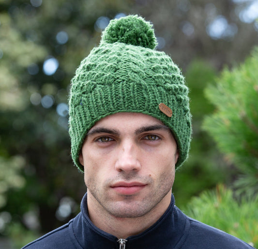 Aran Cable Blackberry Bobble Hat Green