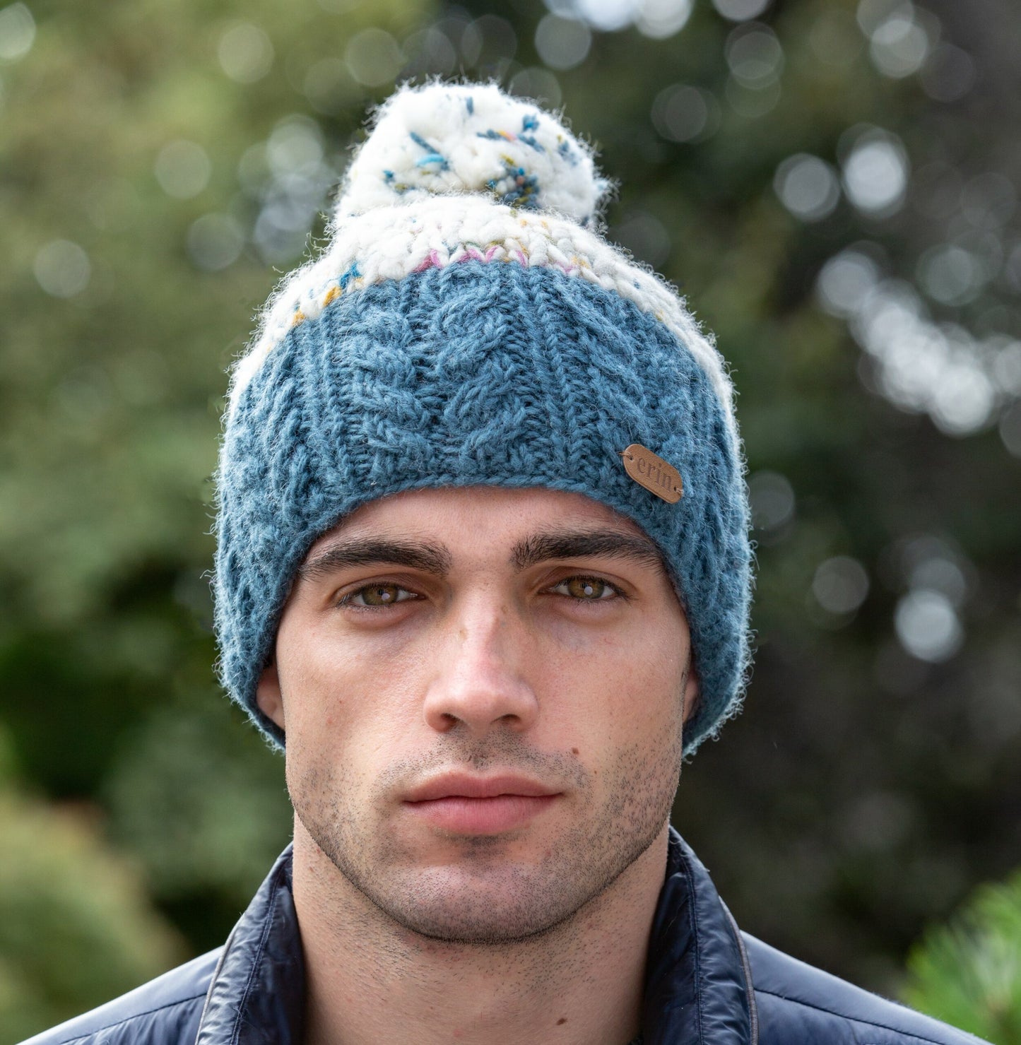 Uneven Wool Bobble Hat Flecked Denim