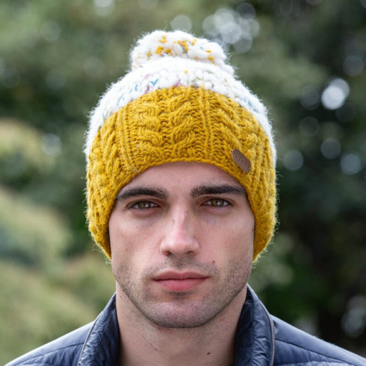 Uneven Wool Bobble Hat Flecked Yellow