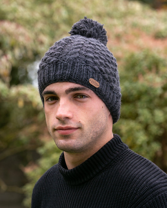 Aran Cable Blackberry Bobble Hat Charcoal