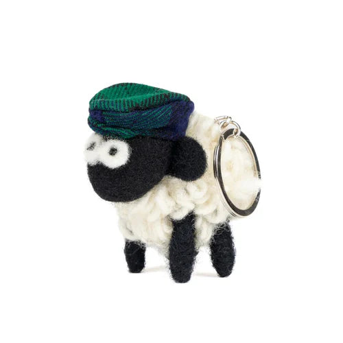 Knitted Sheep Keyring Mountain Blackface With Blue & Green Tartan Flatcap