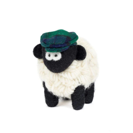 Knitted Sheep Collectible Mountain with Blue & Green Tartan Cap XLarge