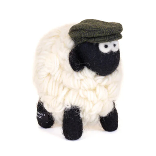 Knitted Sheep Collectible Mountain with Green Flat Cap Large