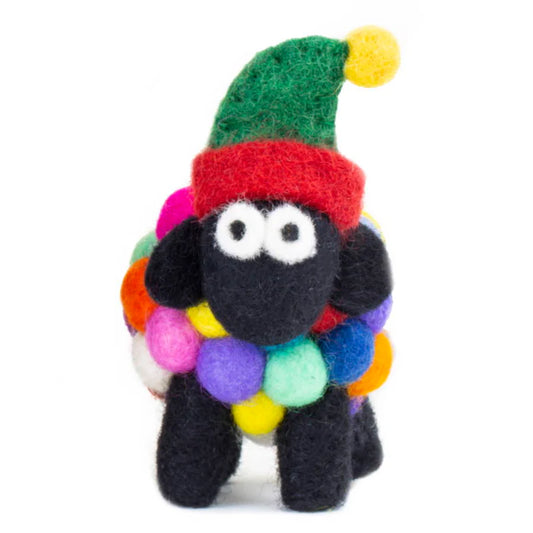 Felt Sheep Collectible with Elf Hat Multicolour Small